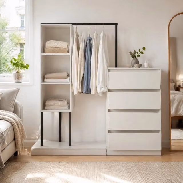 Mobile contenitore con 4 cassetti e appendiabiti; 100 x 40 x 135 cm; bianco e nero