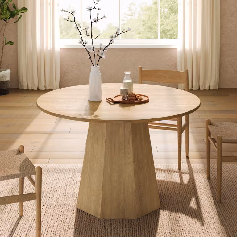 Tavolo da pranzo rotondo Flieks, stile minimalista scandinavo, adatto per 4-6 persone, tavolo da pranzo, tavolo da cucina 120x120x75 cm, color rovere
