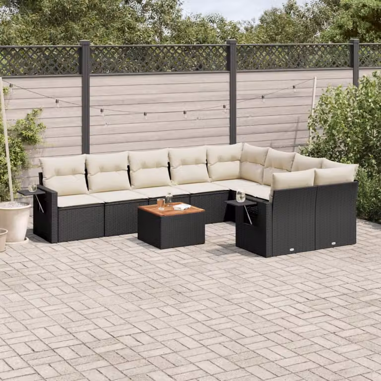 Set di divani da giardino vidaXL in polyrattan nero con cuscini e tavolino da esterno