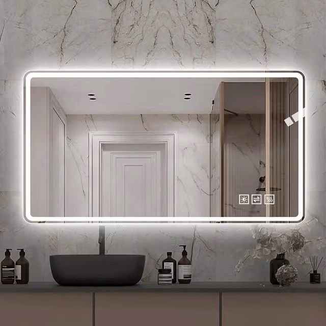 Specchio da bagno rotondo OKWISH con luce LED regolabile e funzione antiappannamento, colore argento, L: 60 cm, H: 60 cm