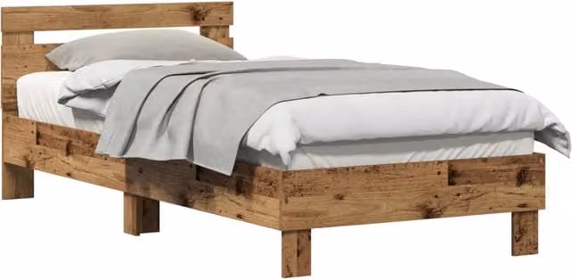 Letto singolo per adulti con testiera in legno effetto vecchio marrone, design moderno, L 203 x P 95 x H 70 cm – 1