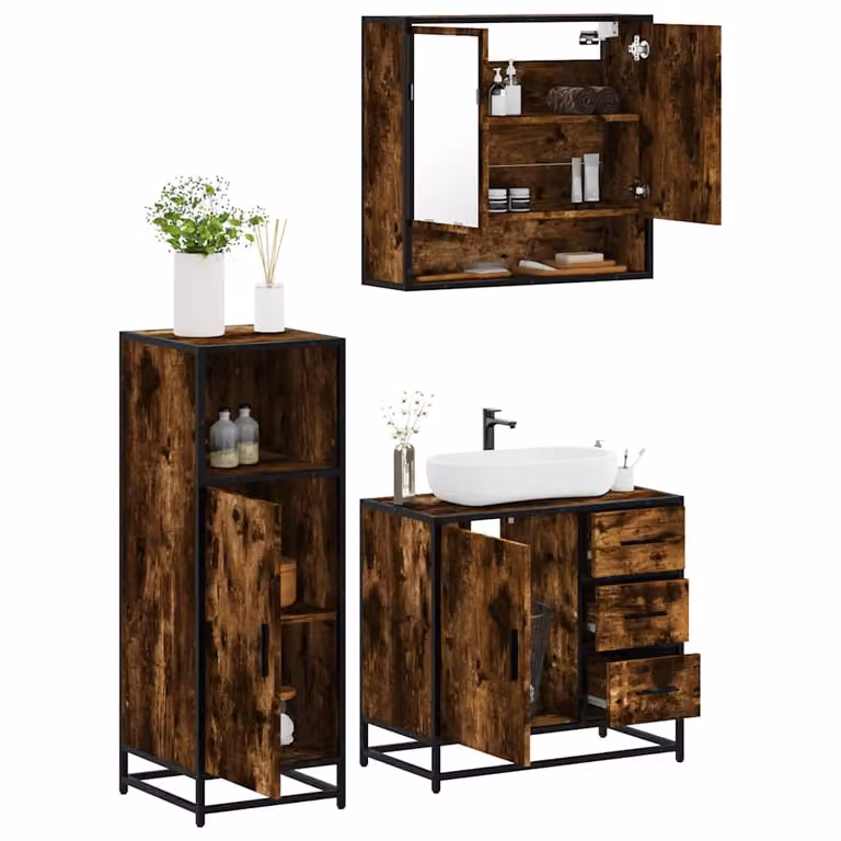 Set di mobili da bagno industrial vidaXL in legno e metallo marrone composto da 3 pezzi con armadietto specchio, mobile lavabo e mobile laterale