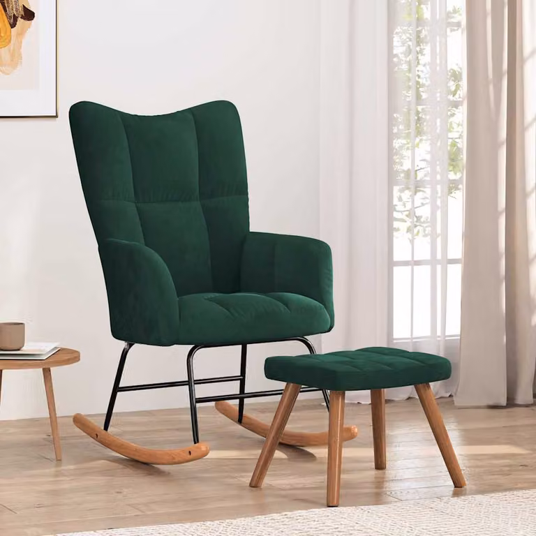 vidaXL Poltrona a Dondolo con Poggiapiedi in Velluto Verde con Struttura in Legno e Metallo
