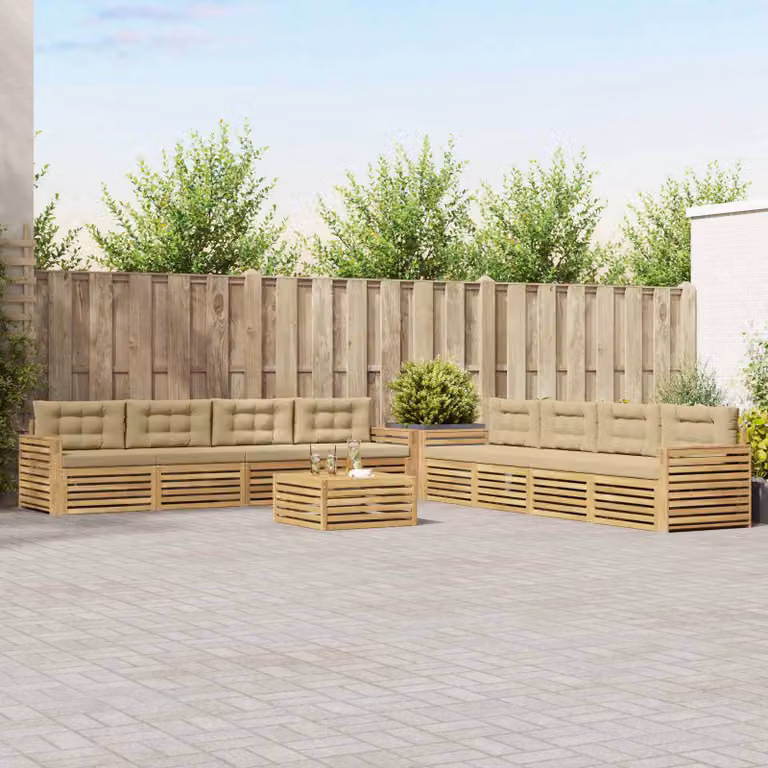 Set di divani da esterno vidaXL 9 pezzi a forma di L con tavolino da caffè, in legno di acacia e poliestere resistente ai raggi UV, Bianco e Beige