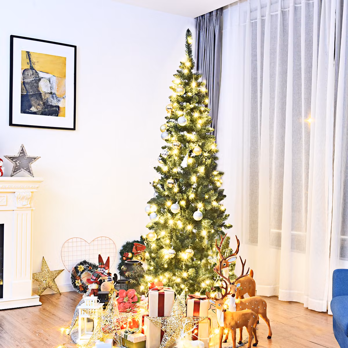 Albero di Natale Costway verde con 150 luci LED bianco caldo, Altezza: 225 cm