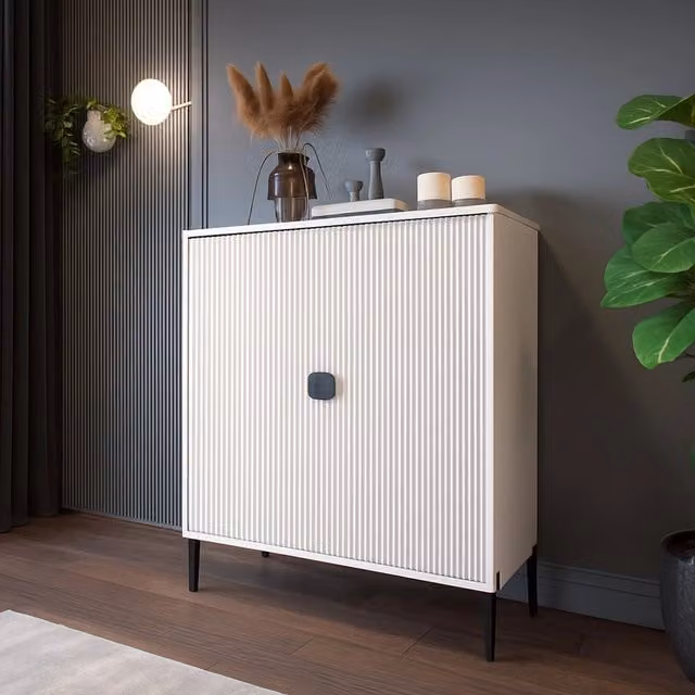Madia Wallis DMORA con cassetti soft close, Credenza moderna Beige, L: 104 cm, P: 40 cm, H: 129 cm