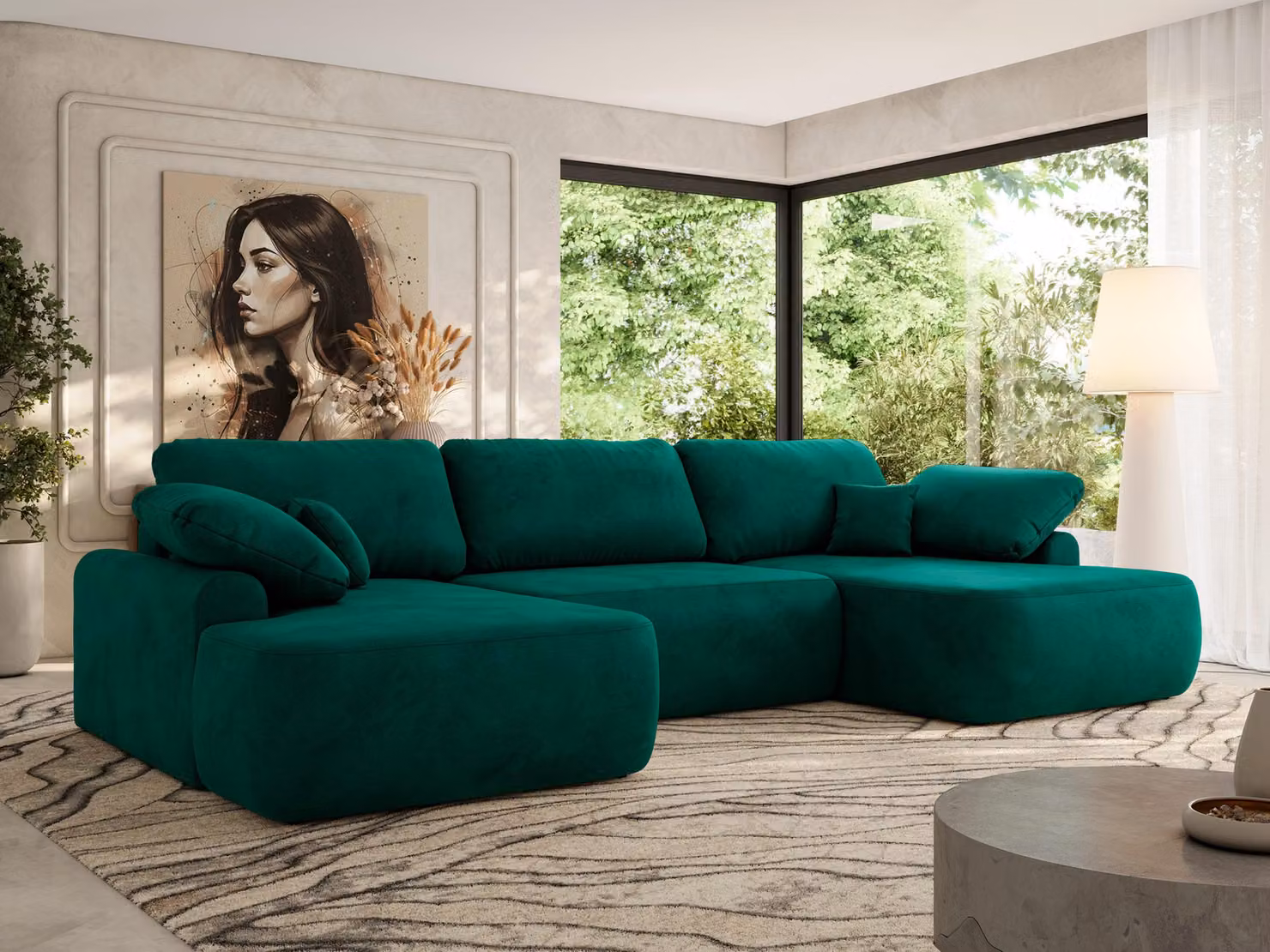 MKS MEBLE Divano angolare a U, con molleggio a onda, divano angolare con funzione letto, box letto e cuscini sfusi, 370x187x100cm - CUBO U - Velluto verde scuro