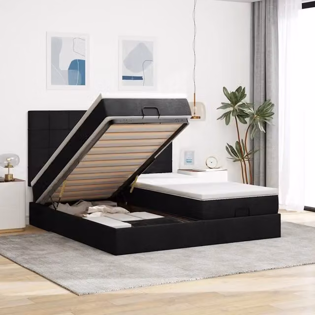 Letto matrimoniale moderno vidaXL con contenitore a sollevamento, illuminazione sottostante e porta USB, nero e bianco, L: 200 cm, P: 200 cm, H: 280 cm