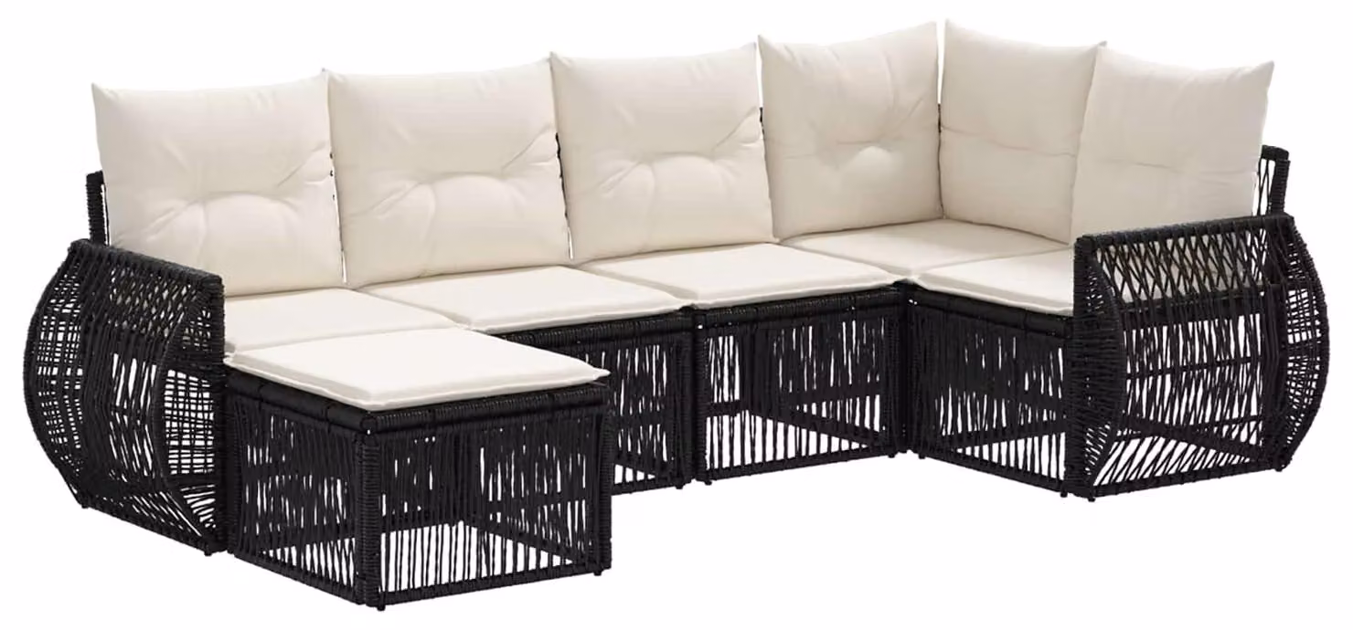 Set di divani da giardino, 6 pezzi, colore nero e crema, in rattan sintetico