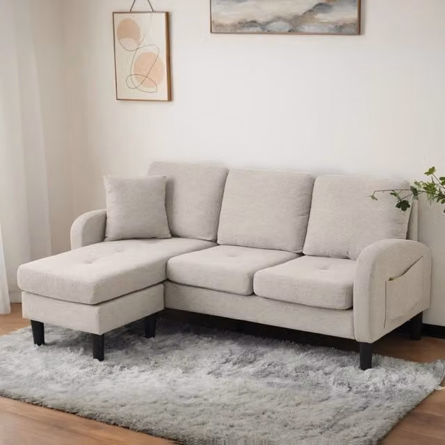 Divano Angolare con Chaise Longue 3 Posti ¨C MINIMAL ¨C Tessuto Beige, 166x118x77 cm