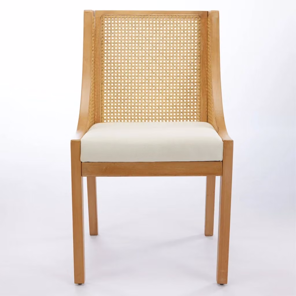 Sedia da Pranzo Minimal in Rattan Beige con Braccioli e Gambe in Legno di Gomma Massello e Seduta Imbottita in Tessuto – 2