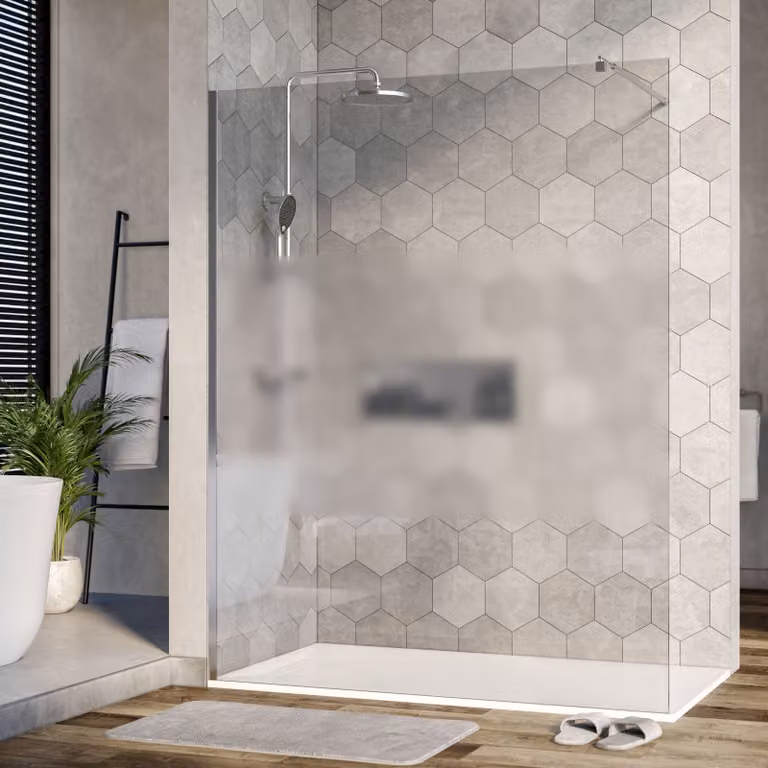 Cabina doccia Walk-In Nano real glass EX101 - strisce di vetro smerigliato - 10 mm - profilo a parete cromo - larghezza selezionabile, larghezza Walk-In:1400mm