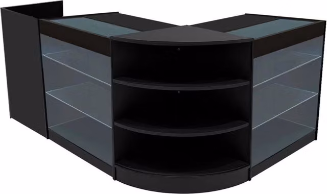 Set Banconi e Vetrina per Negozio Astro Nero con Illuminazione LED, Ante Scorrevoli in Vetro e Serratura