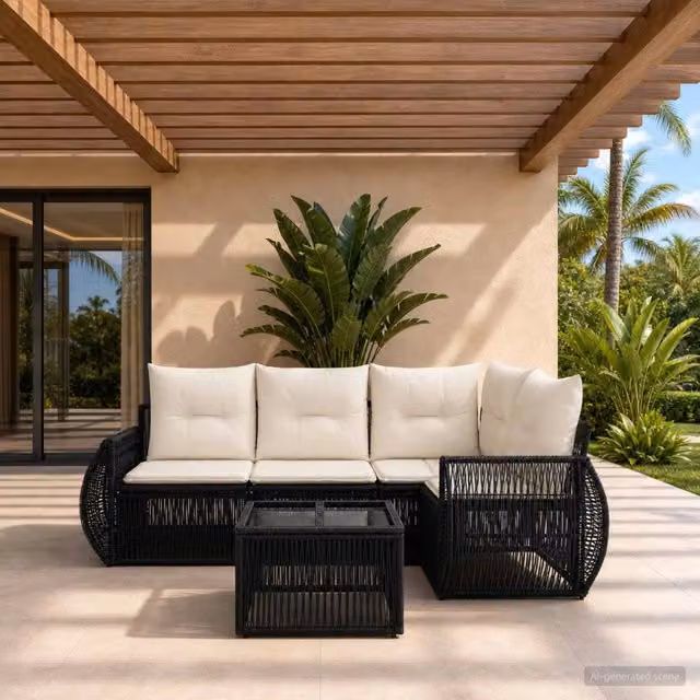 Set Divano da Giardino a L con Tavolino vidaXL, 5 Pezzi, Nero e Bianco con Cuscini Rimovibili – 1