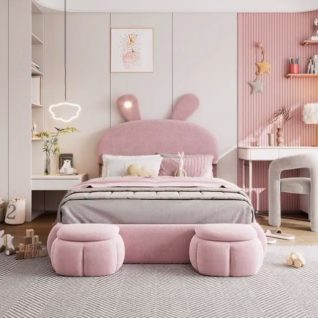 Letto Matrimoniale 140x200 in Velluto Rosa con Contenitore Idraulico e Orecchie da Coniglio