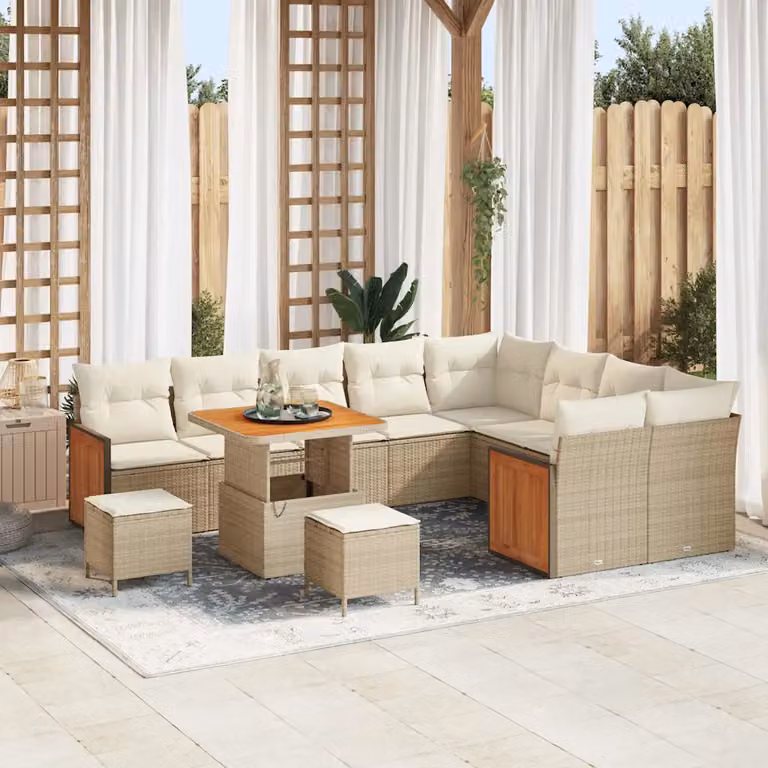 Set Divano da Giardino vidaXL a Forma di L in Polyrattan con 13 Pezzi, Colore Beige, Include Tavolino, Ottoman e Cuscini