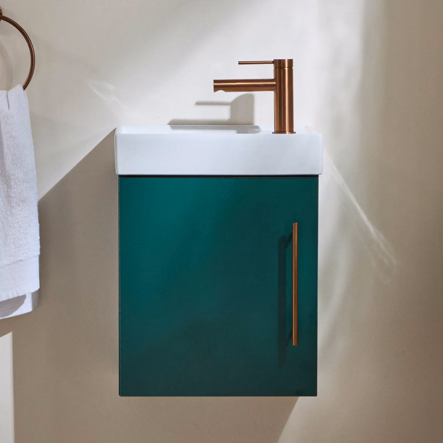 Mobile Bagno Verde Scuro Sospeso da 400mm con Lavabo e Maniglia con Barra a T in Rame Satinato - Cluo