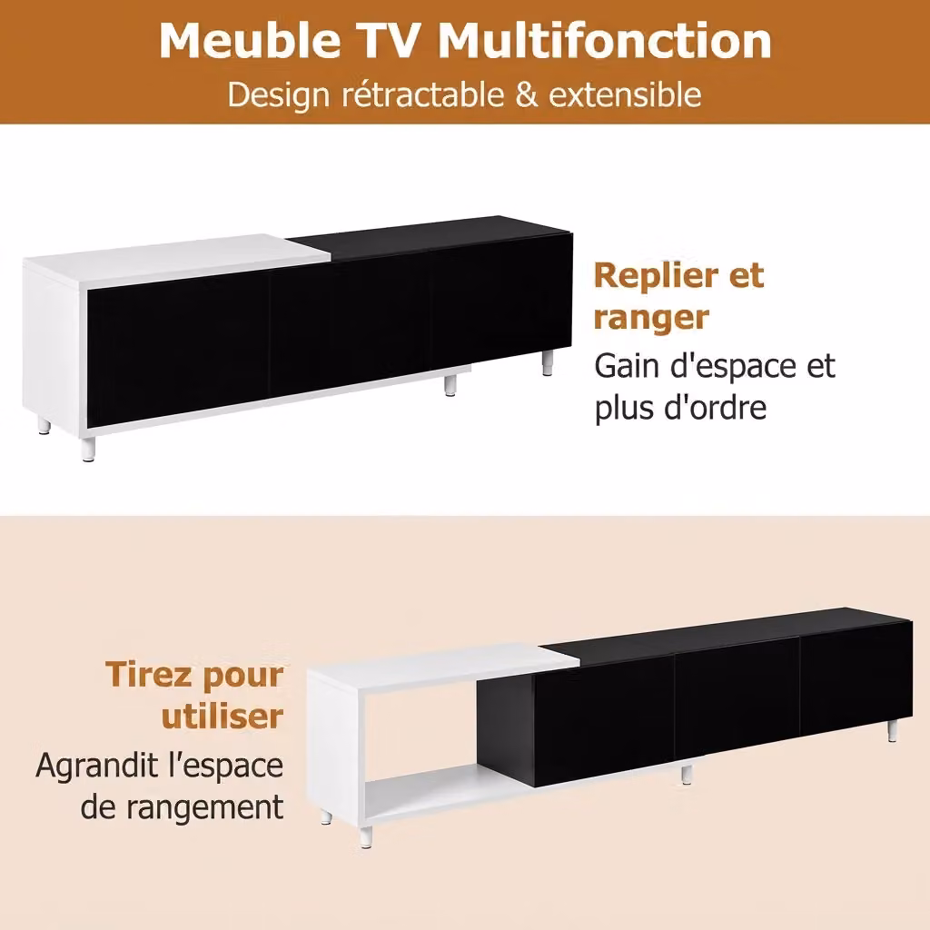 Mobile porta TV allungabile Vovees Living in MDF bianco e nero con 3 ante lucide e vano aperto, L: 258 cm, P: 48,5 cm, H: 38 cm – 2