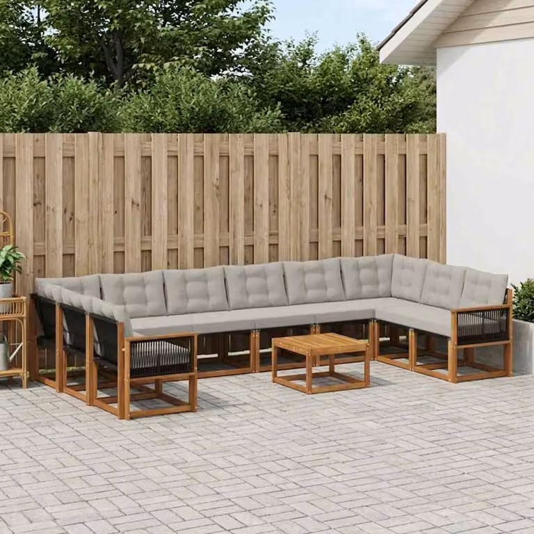 Set di divani da esterno vidaXL 11 pz in legno di acacia con cuscini beige e grigi per giardino e terrazza
