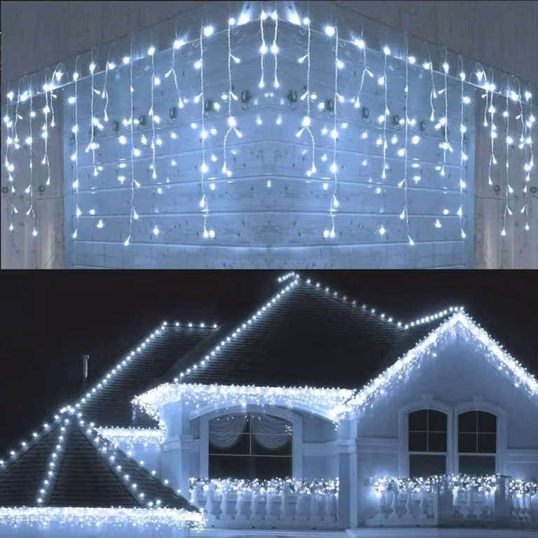 Catena luminosa a LED a forma di cristallo di ghiaccio, 400 LED, 10 metri, luce bianca fredda, impermeabile, 8 modalità
