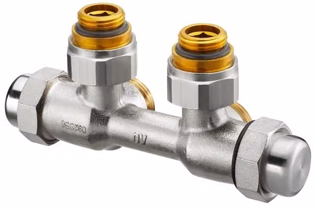 Raccordo a vite Oventrop Multiflex FQ 1/2" AG x 3/4" AG, angolare, a sinistra, ottone nichelato
