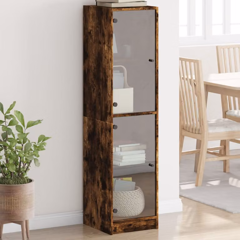 Credenza moderna vidaXL con ante in vetro e finitura rovere marrone, L/P/H: 35 x 37 x 142 cm