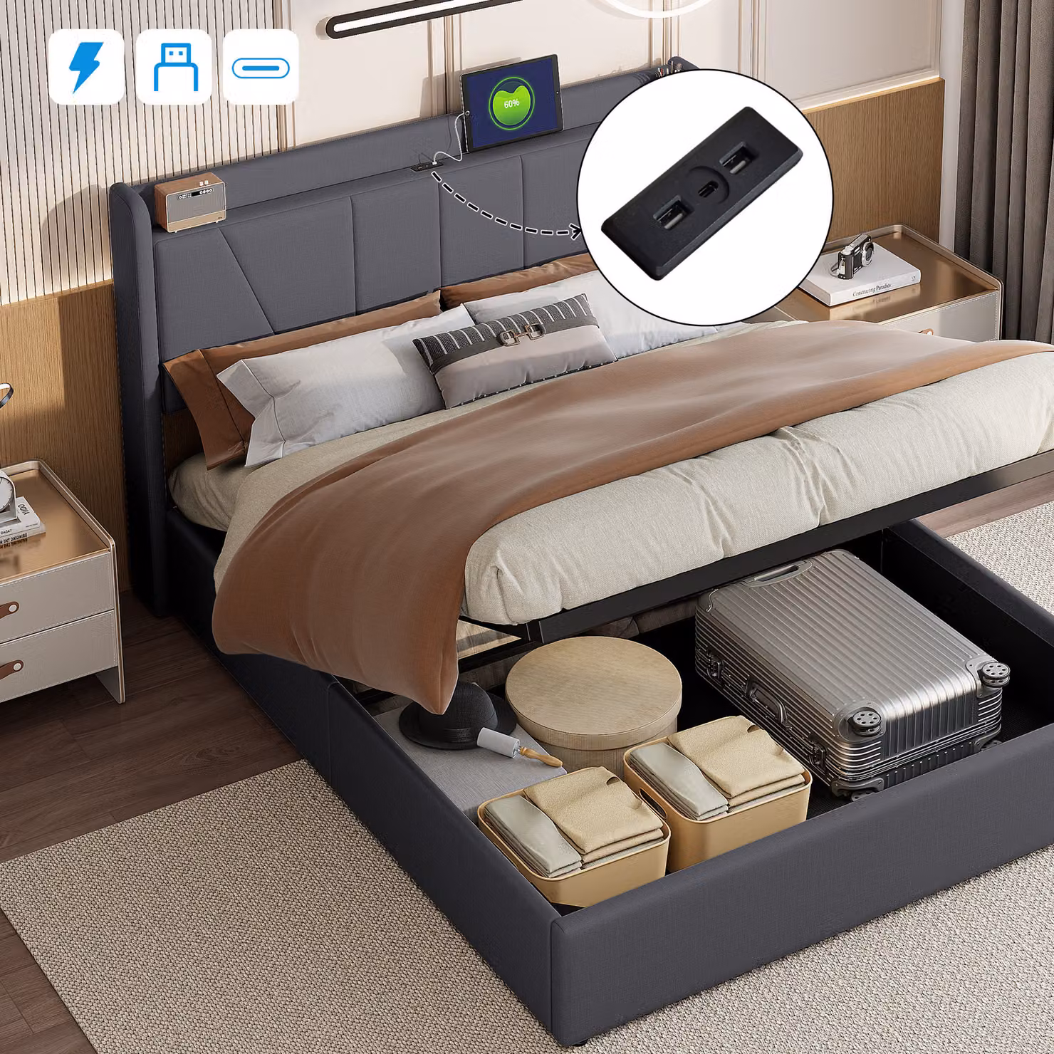 CDGlobal letto imbottito 160x200cm con USB e tipo C, letto contenitore con LED, letto giovanile letto matrimoniale con rete a doghe, letto funzionale, biancheria