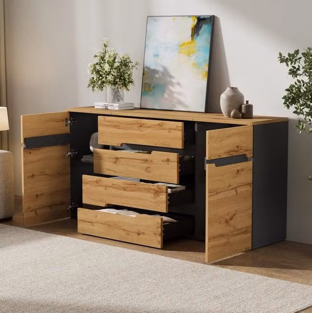 Credenza moderna MODFU per soggiorno e sala da pranzo con 2 ante e 4 cassetti, effetto legno e nero, L: 160 cm, P: 40 cm, H: 80 cm