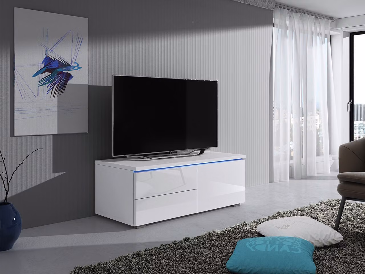 Tavolino per TV con illuminazione a LED FERNS 11 - bianco / bianco lucido, destro