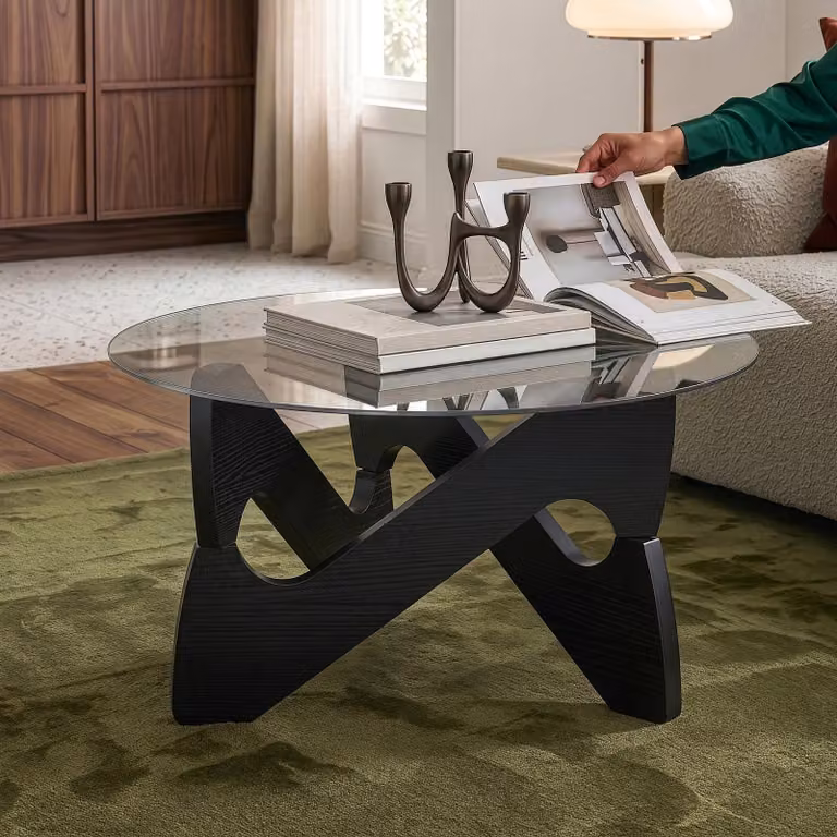Tavolino "Reypio" con piano in vetro, diametro 70 x 35 cm, nero/grigio