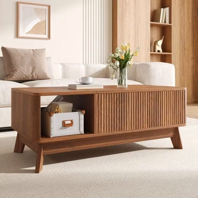 Tavolino basso alzabile in MDF noce con piano regolabile; vano nascosto e scomparto laterale aperto 95 × 48 × 50 cm