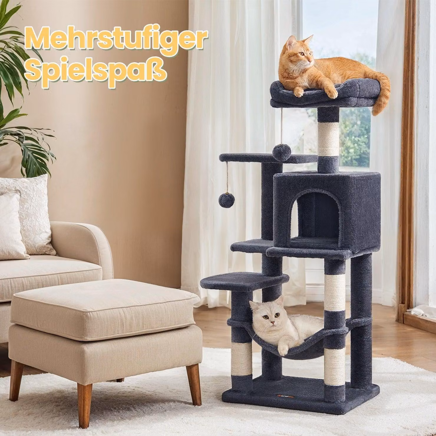 Albero per gatti multistrato, con tana e superficie per grattare – 45 x 35 x 112 cm