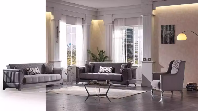 Graue Polster Sofagarnitur Textil Couchen 3+3+1 Sessel Design 3tlg