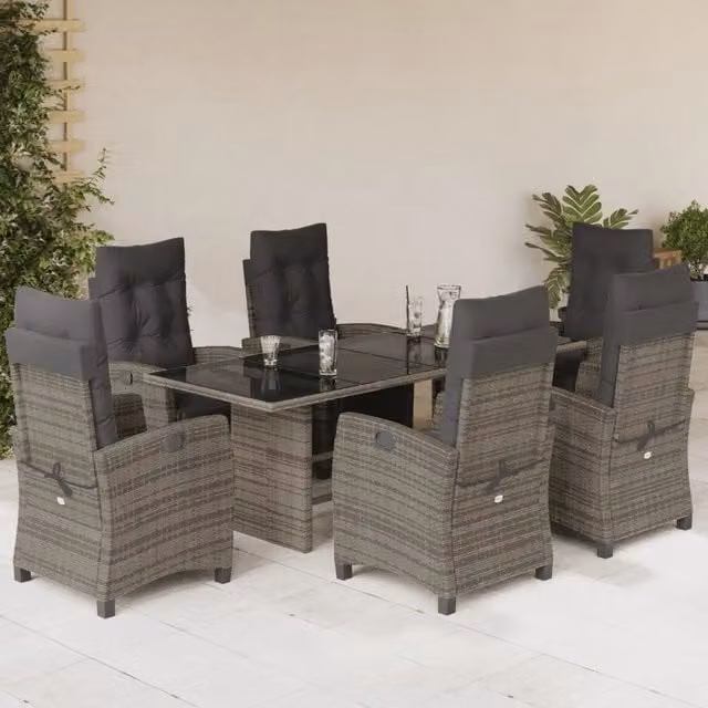 Set da pranzo da giardino moderno vidaXL in polyrattan grigio con tavolo in vetro e 7 pezzi