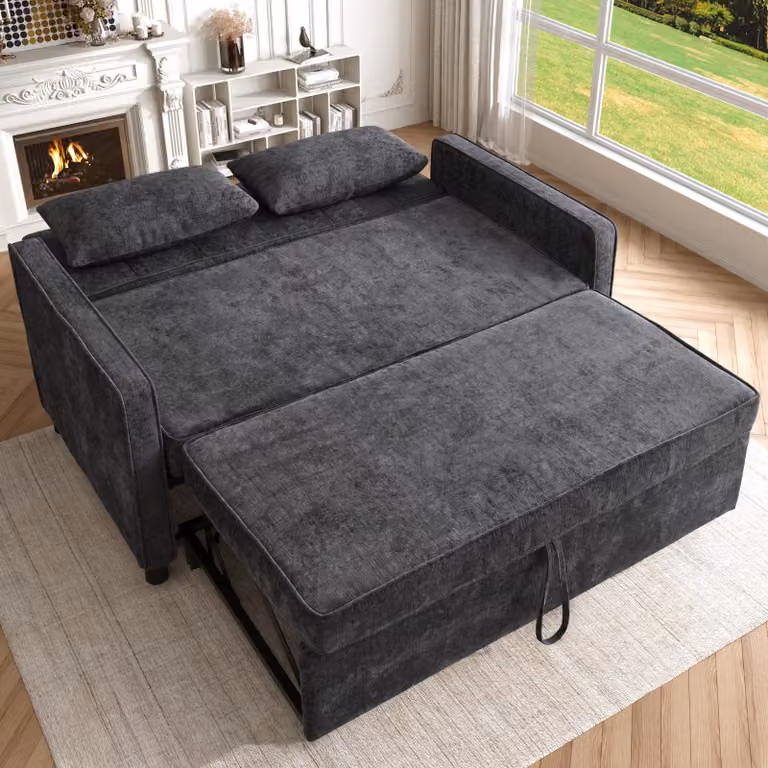 Divano letto a due posti Merax con funzione letto - tessuto ciniglia bianco, schienale regolabile, zona notte e zona giorno 2 in 1, nero