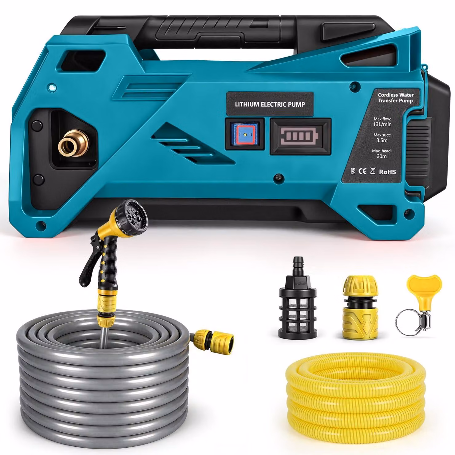 Pompa sommergibile a batteria da 80 W, 12 litri al minuto, portata massima di 30 metri, autoadescante, compatibile con Makita 18 V