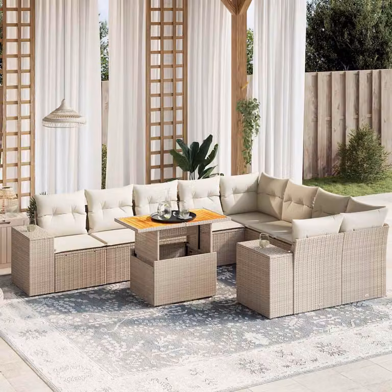 vidaXL Set Divano da Giardino 10 pz a Forma di L in Polyrattan con Cuscini Beige e Tavolino da Esterno