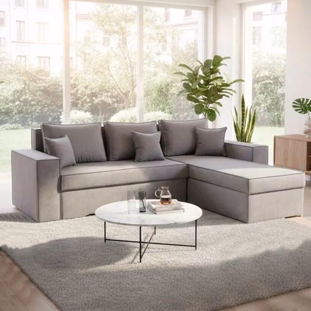 Divano con penisola contenitore reversibile Olymp-M Enjoy23 grigio cenere con funzione letto e struttura in legno massiccio L/P/H: 250 x 174 x 85 cm