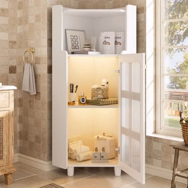 Armadio Angolare Minimal Bianco Lucido con LED e Ante in Vetro per Soggiorno e Bagno L/P/H: 63,5 x 63,5 x 124 cm