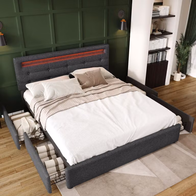 Letto imbottito MODFU 140 x 200 cm, struttura letto matrimoniale con illuminazione a LED e 2 cassetti (materasso escluso), grigio