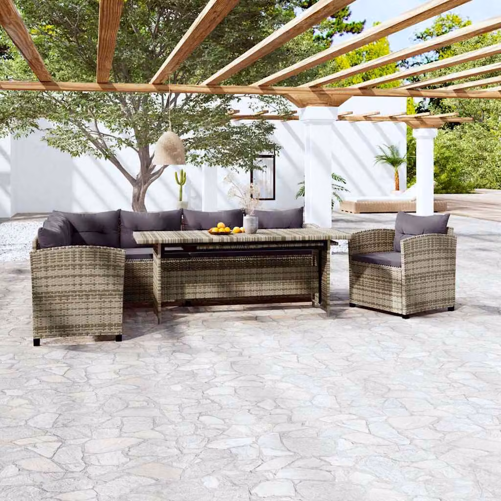 Set da giardino moderno vidaXL in rattan grigio con divano a L, poltrona, tavolino e cuscini