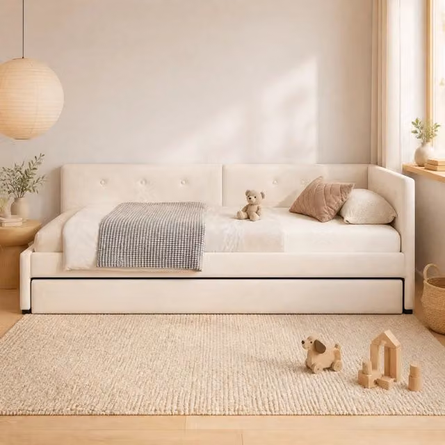 Letto singolo 90x200 cm con letto estraibile, struttura in velluto beige senza materasso
