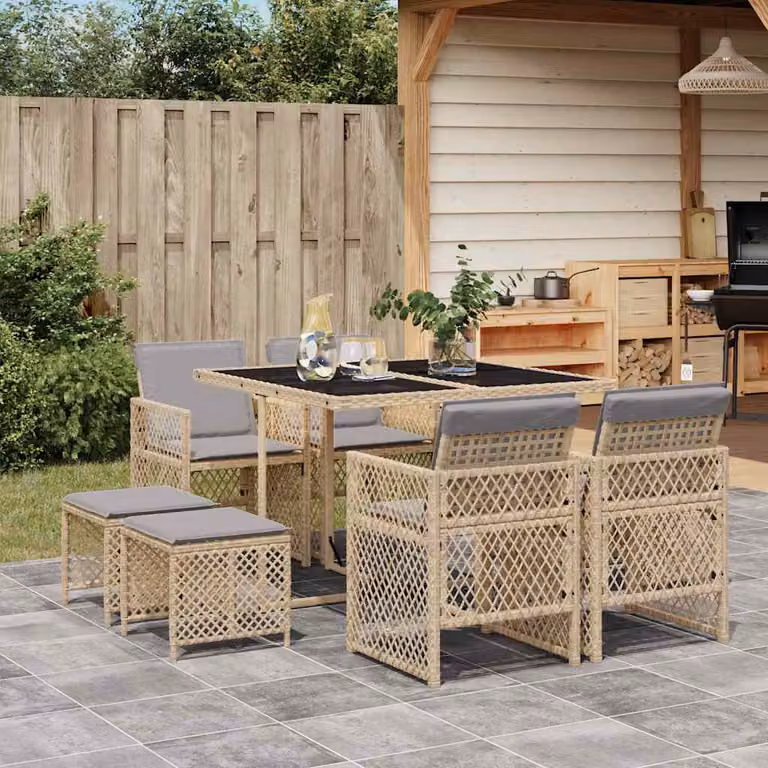 vidaXL Set da Pranzo da Giardino 9 pz in Polyrattan con Cuscini Beige e Grigio e Tavolo in Vetro