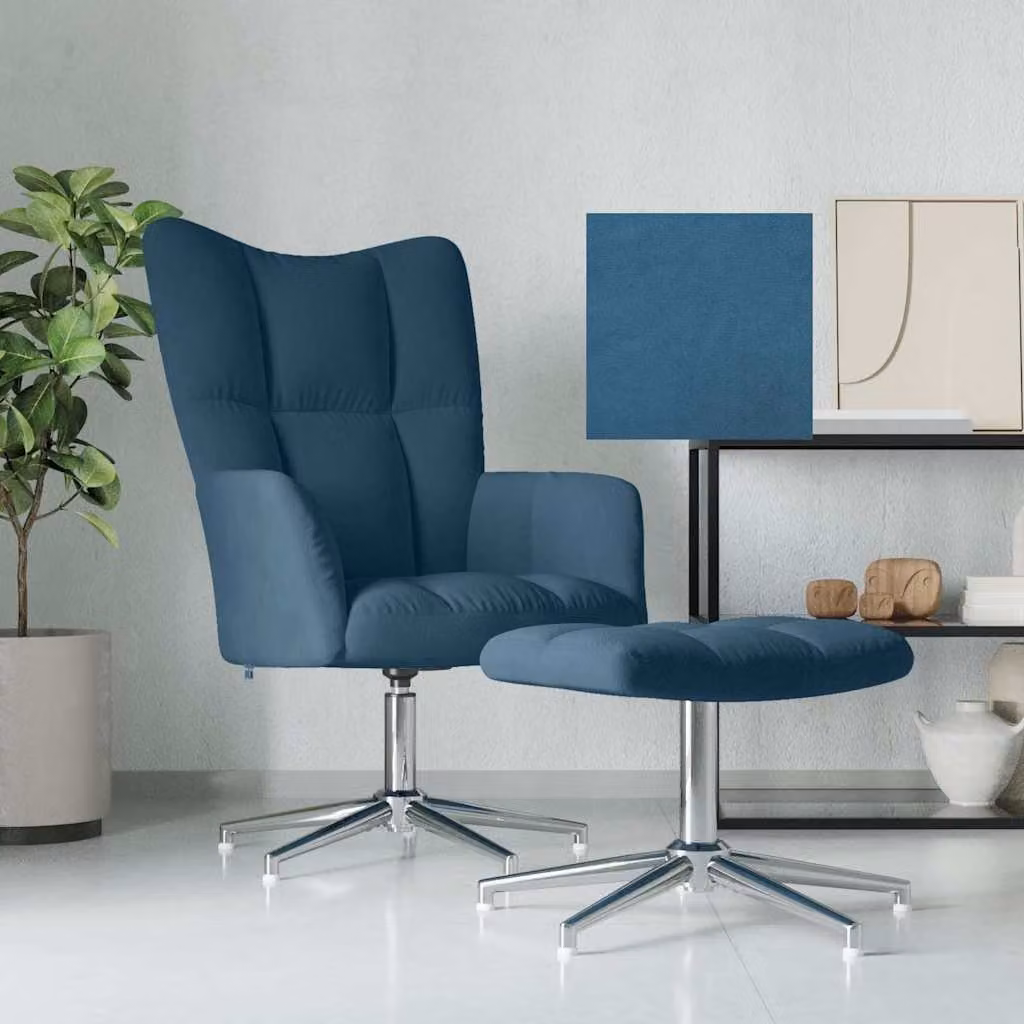 vidaXL Poltrona Relax con Poggiapiedi Blu in Velluto, Girevole a 360 Gradi con Braccioli e Struttura in Metallo – 1