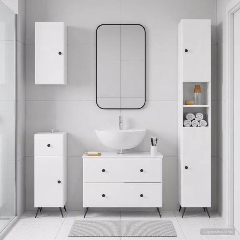 Set di mobili da bagno moderno vidaXL BREDA in legno bianco lucido, composto da 4 pezzi con mobile lavabo e pensili a muro
