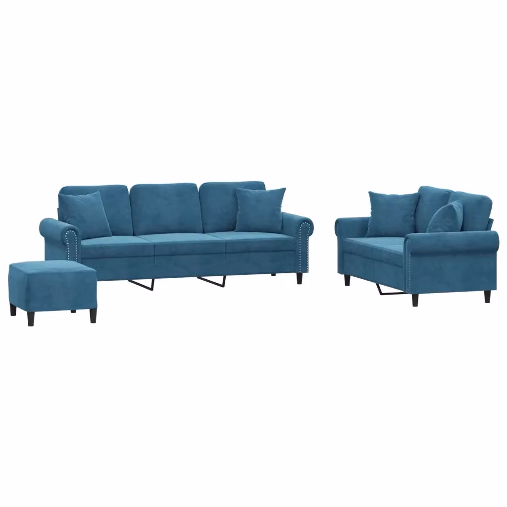 Set di divani moderno vidaXL in velluto blu composto da divano a 3 posti, divano a 2 posti e pouf con cuscini inclusi – 2