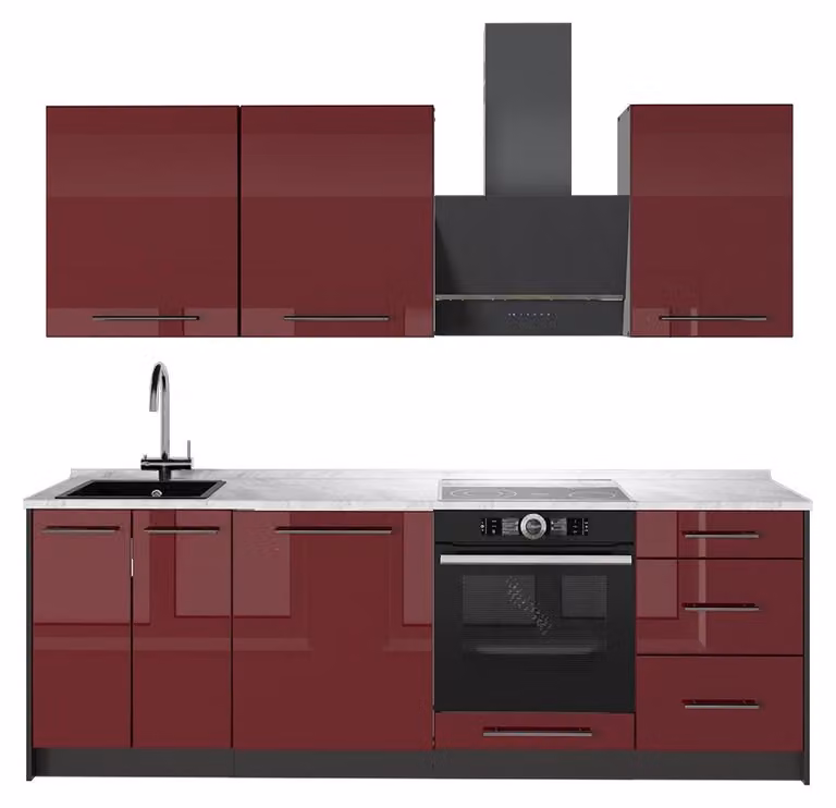 Cucina componibile Vicco Fame-Line Bordeaux lucido/Antracite 230 cm, PL Marmo, Model 64046