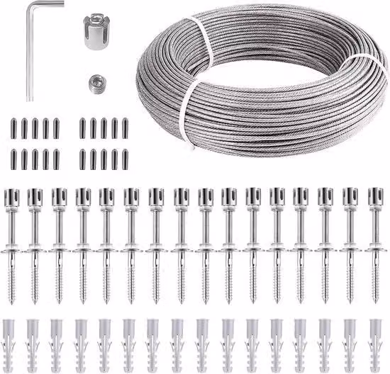Supporto per piante di acciaio inossidabile - Set completo di supporto a filo con sostegni per parete e cavo metallico (12 metri + 8 viti a croce)