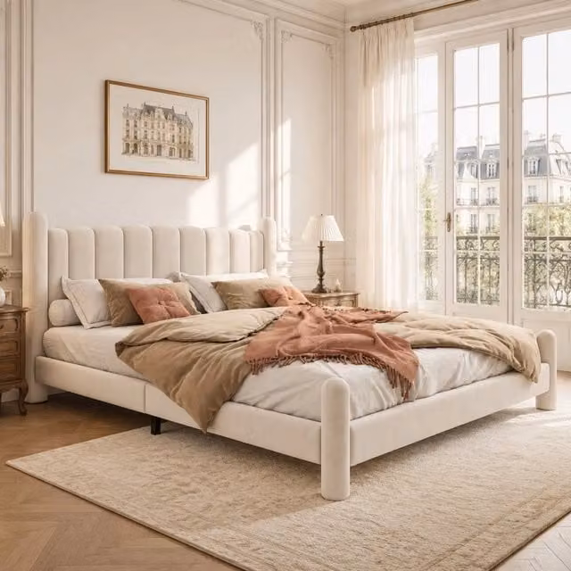 Letto imbottito 180 × 200 cm con testiera ondulata; rete a doghe; velluto beige