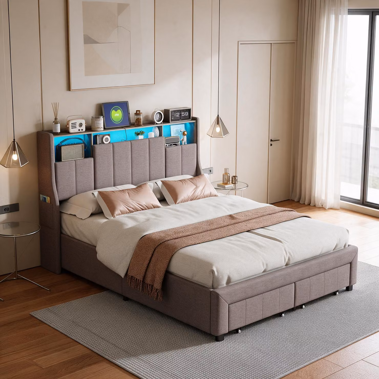 Letto imbottito INONEFT, 140x200 cm, con illuminazione LED e porta USB, letto per ragazzi con 2 cassetti, testiera con tasca laterale e vano contenitore, colore grigio lino